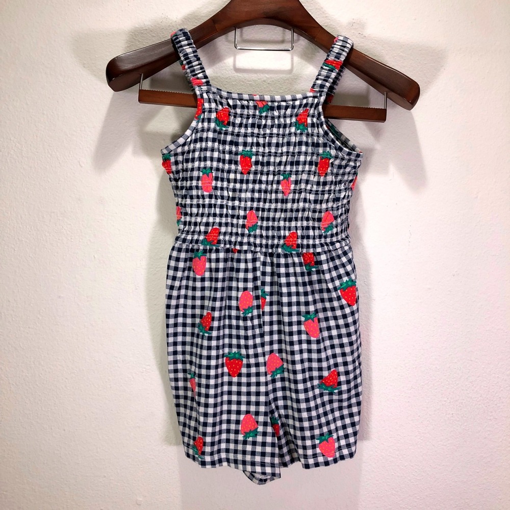 Old Navy Girls XL 14-16 Gingham Strawberry Smocked Romper Navy White Red Summer